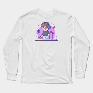 Happy Cute Disk Jockey Performance with Headphone Cartoon Vector Icon Illustration Long Sleeve T-Shirt